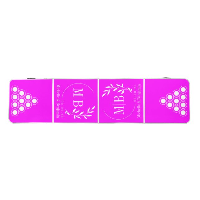 Modern Leaf Wedding Monogram Electric Retro Pink Beer Pong Table (Top)