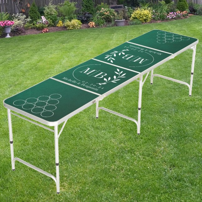 Modern Leaf Wedding Monogram Emerald Green  Beer Pong Table (Creator Uploaded)