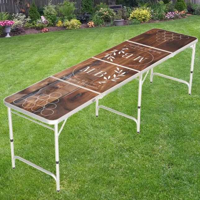 Modern Leaf Wedding Monogram Glossy Stained Wood Beer Pong Table (Creator Uploaded)
