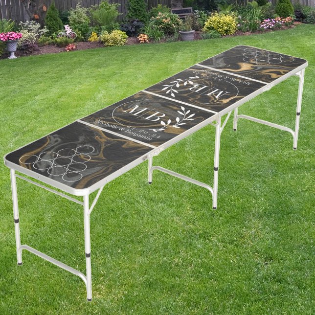 Modern Leaf Wedding Monogram Gold Black Marble  Beer Pong Table (Creator Uploaded)