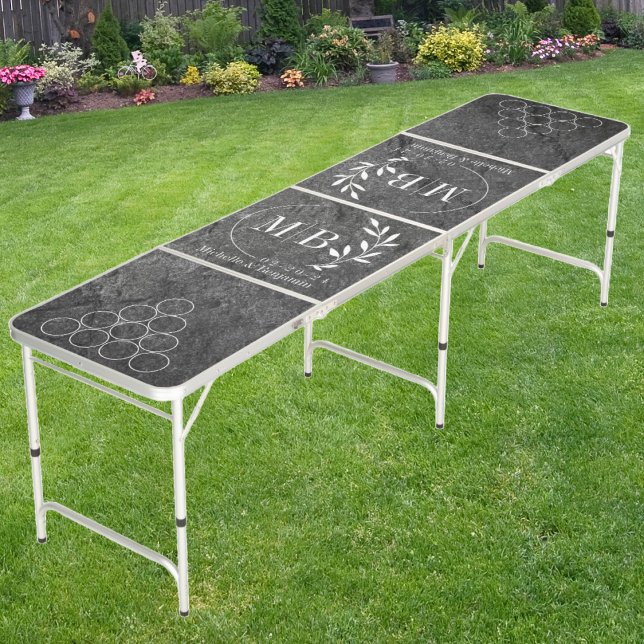 Modern Leaf Wedding Monogram Modern Dark Granite Beer Pong Table (Creator Uploaded)