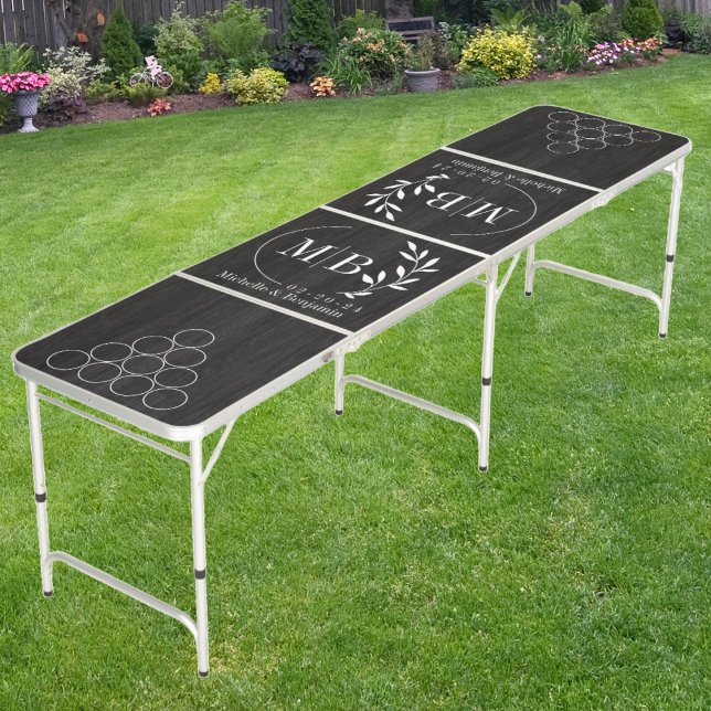 Modern Leaf Wedding Monogram Modest Dark Wood Beer Pong Table (Creator Uploaded)