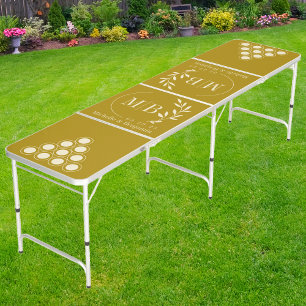 Modern Leaf Wedding Monogram on Desert Sage Beer Pong Table