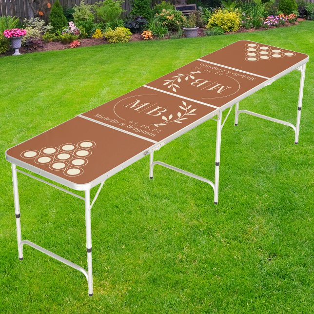Modern Leaf Wedding Monogram on Desert Sun Beer Pong Table (Creator Uploaded)