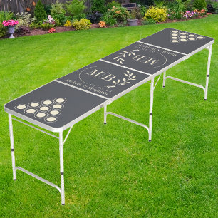 Modern Leaf Wedding Monogram on Mediterranean Gray Beer Pong Table