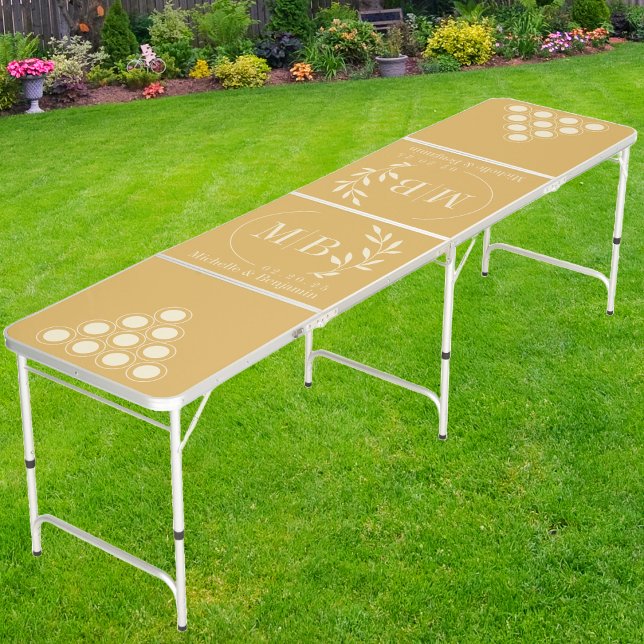 Modern Leaf Wedding Monogram on Sand Sunrise Beer Pong Table (Creator Uploaded)
