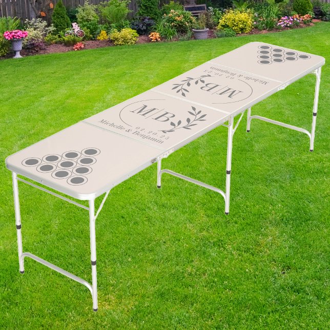 Modern Leaf Wedding Monogram on Sandcastle Pink Beer Pong Table (Creator Uploaded)