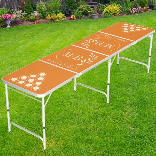 Modern Leaf Wedding Monogram on Warm Citrus Beer Pong Table (Creator Uploaded)