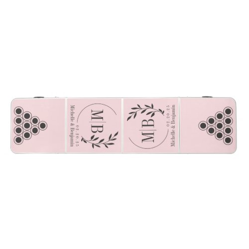 Modern Leaf Wedding Monogram Pink Whisper & Black Beer Pong Table