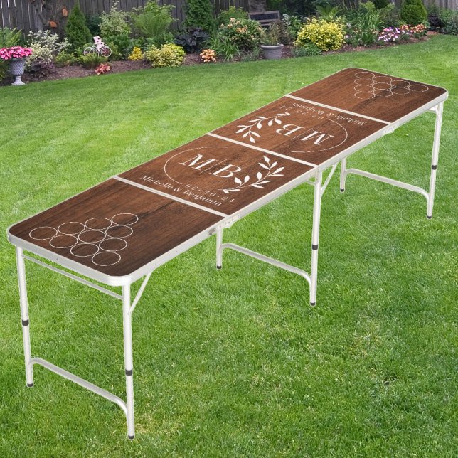 Modern Leaf Wedding Monogram Rustic Walnut Wood Beer Pong Table (Creator Uploaded)
