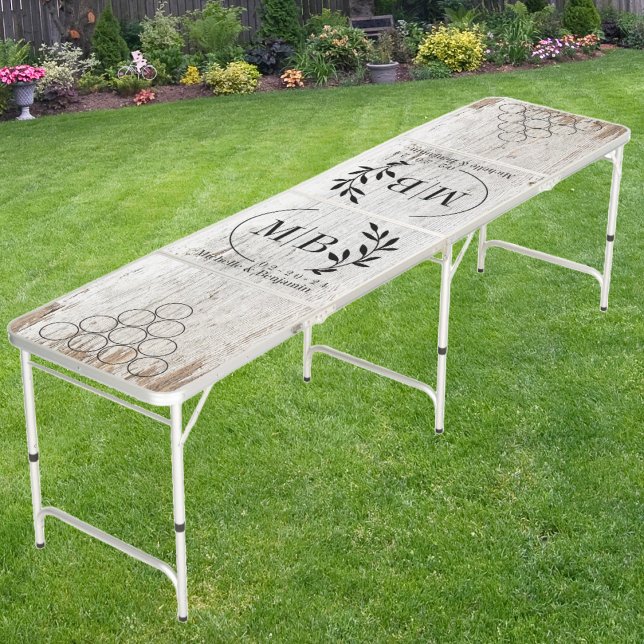 Modern Leaf Wedding Monogram Weathered White Wood Beer Pong Table (Creator Uploaded)