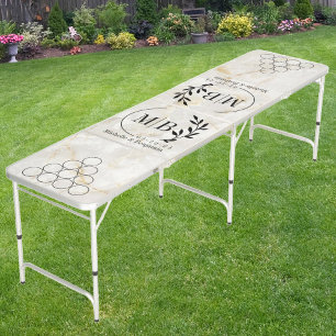 Modern Leaf Wedding Monogram White & Gold Stone Beer Pong Table