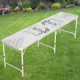 Modern Leaf Wedding Monogram White Marble Stone Beer Pong Table