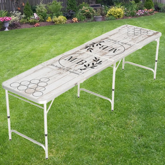 Modern Leaf Wedding Monogram White Wash Boards Beer Pong Table (Creator Uploaded)