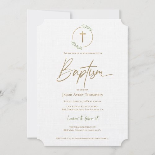 Modern leaf Wreath Gilded Gold Cross Baptism Invitation