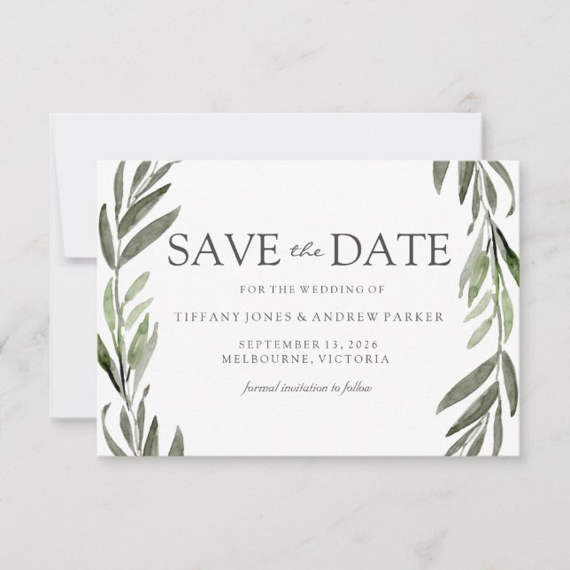 Modern Leaf Wreath Save The Date Invite (Front)
