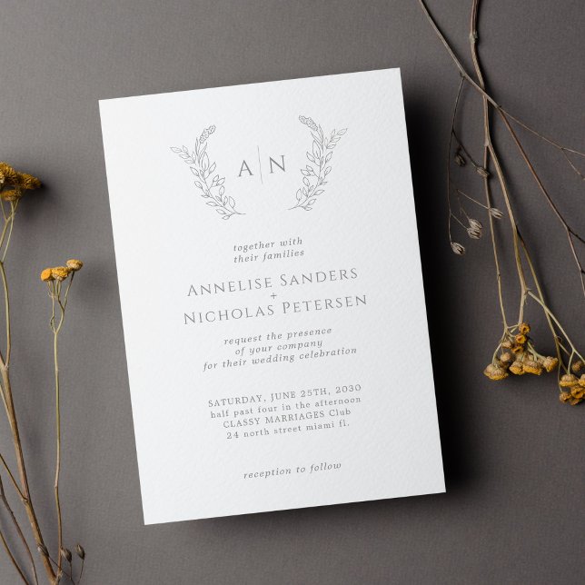 Modern leafy crest monogram grey white wedding invitation (Creator Uploaded)