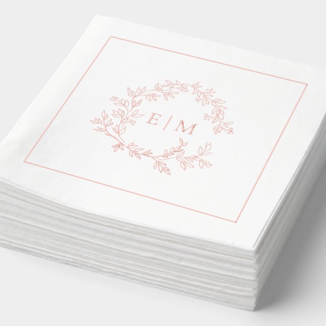 Modern Leafy Crest Monogrammed Wedding Rose Gold Foil Napkins (Detail)