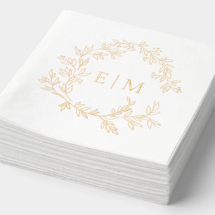Modern Leafy Crest Simple Monogrammed Wedding Gold Foil Napkins