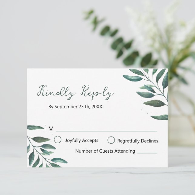 Modern Leafy Green Botanical Reply RSVP Card (Standing Front)