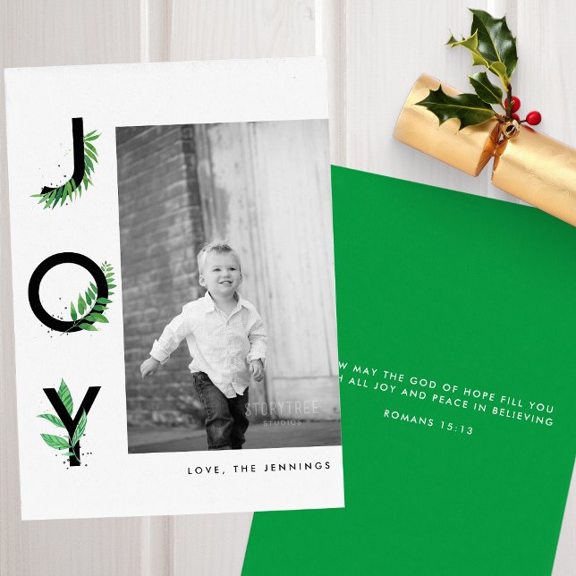 Modern Leafy Joy Scripture Photo Holiday Card (Creator Uploaded)
