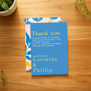 Modern Leafy Lithograph, Bold Blue, Yellow Wedding Thank You Card