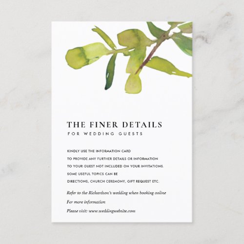 MODERN LEAFY WATERCOLOR FOLIAGE WEDDING DETAIL ENCLOSURE CARD