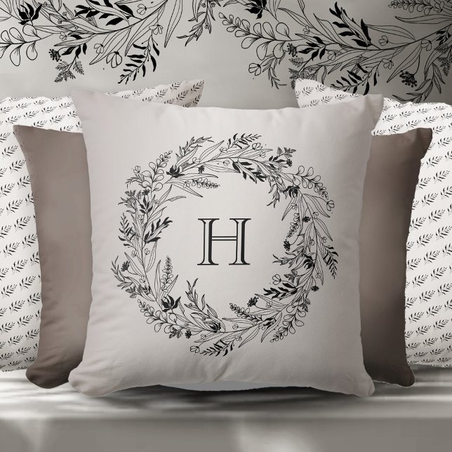 Modern leafy wreath surrounding letter H Throw Pillow (Creator Uploaded)