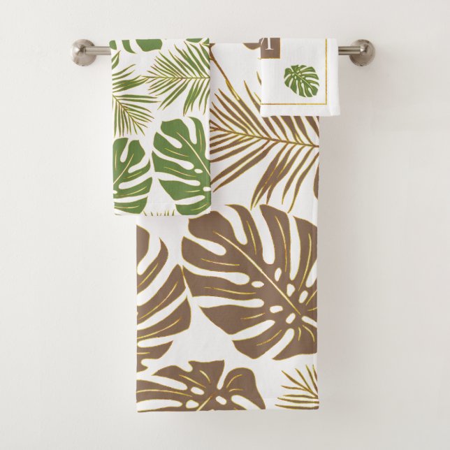 Modern leather brown and green tropical leaves bath towel set (Insitu)