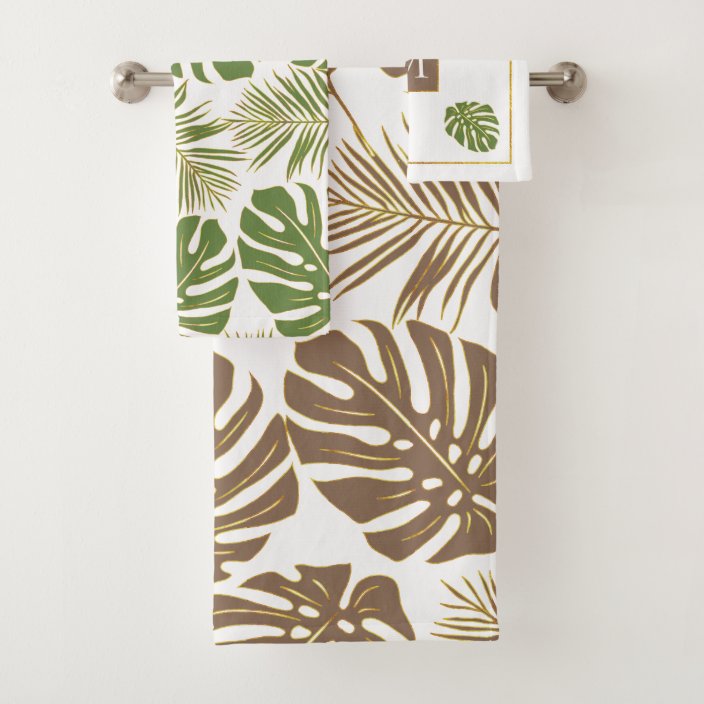Modern leather brown and green tropical leaves bath towel set