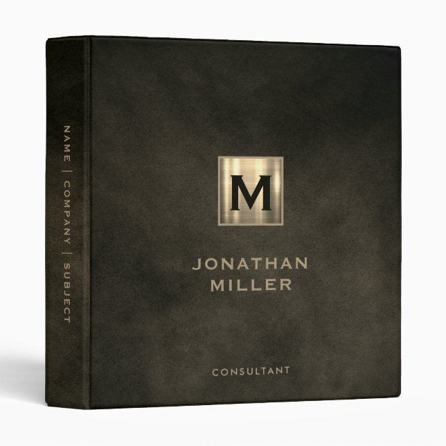 Modern Leather Gold Monogram 3 Ring Binder (Front/Spine)