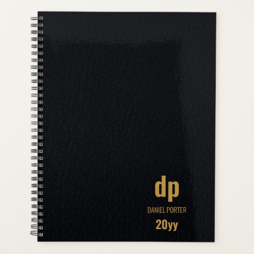 Modern Leather Look Black and Gold Monogrammed Planner