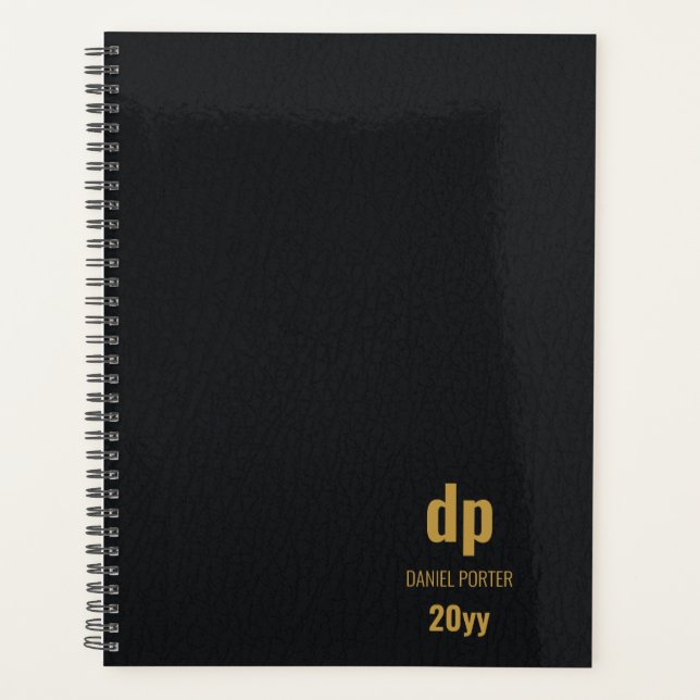 Modern Leather Look Black and Gold Monogrammed Planner (Front)