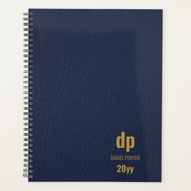 Modern Leather Look Dark Blue and Gold Monogrammed Planner (Front)