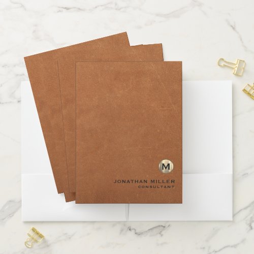 Modern Leather Metallic Gold Monogram Pocket Folder