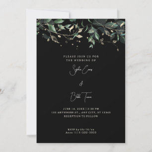 Modern Leaves and Vines Black Wedding Invitation