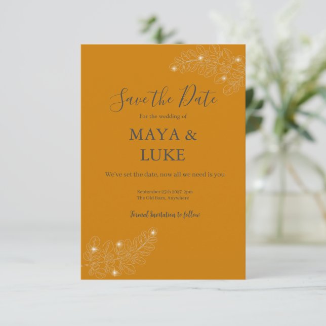 Modern leaves Marigold colour  Save The Date (Standing Front)