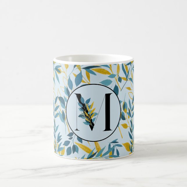Modern Leaves Navy Blue Gold "Letter M" Coffee Mug (Center)