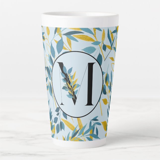 Modern Leaves Navy Blue Gold "Letter M"   Latte Mug (Front)