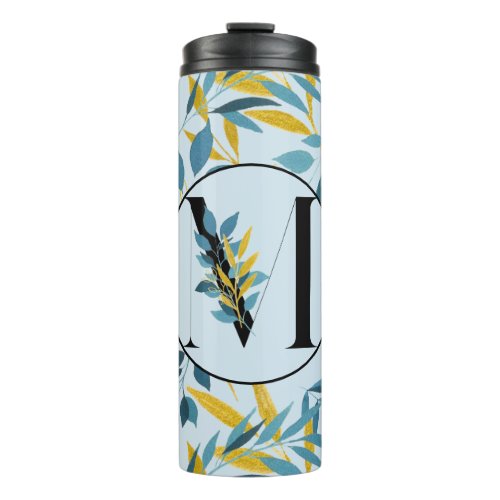 Modern Leaves Navy Blue Gold Letter M Thermal Tumbler