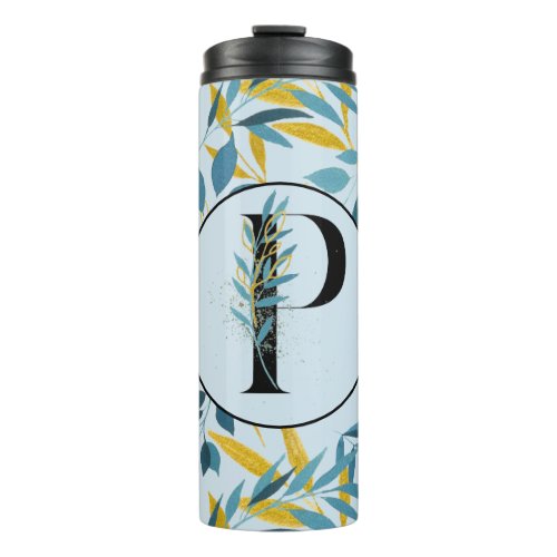 Modern Leaves Navy Blue Gold Letter P Thermal Tumbler