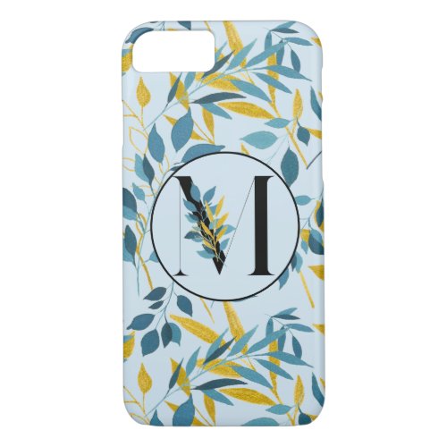 Modern Leaves Navy Gold Letter M iPhone 87 Case