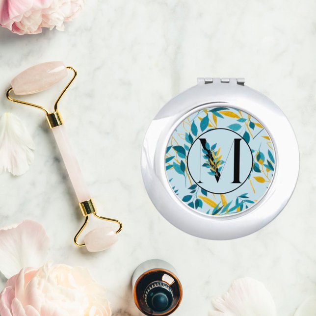 Modern Leaves Navy Gold "Letter M" Compact Mirror (Creator Uploaded)