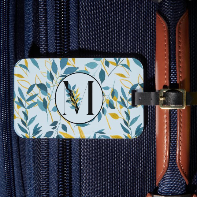 Modern Leaves Navy Gold "Letter M" Luggage Tag (Front Insitu 4)