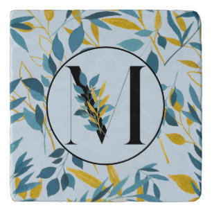 Modern Leaves Navy Gold Letter "M" Trivet