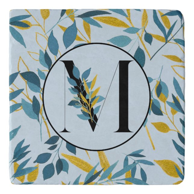 Modern Leaves Navy Gold Letter "M" Trivet (Front)