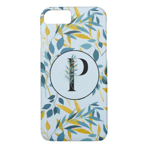 Modern Leaves Navy Gold Letter P iPhone 87 Case