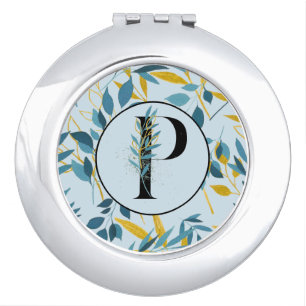 Modern Leaves Navy Gold "Letter P" Compact Mirror