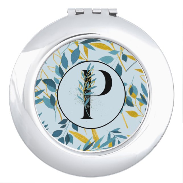 Modern Leaves Navy Gold "Letter P" Compact Mirror (Front)