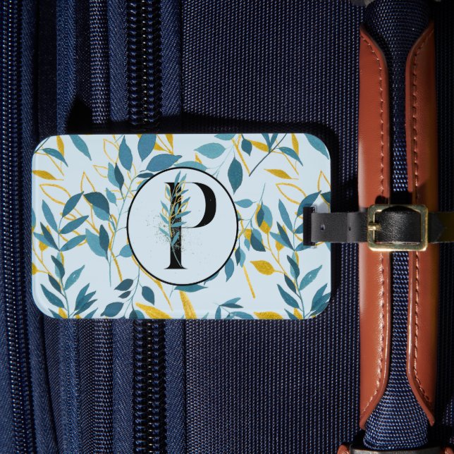 Modern Leaves Navy Gold "Letter P" Luggage Tag (Front Insitu 4)